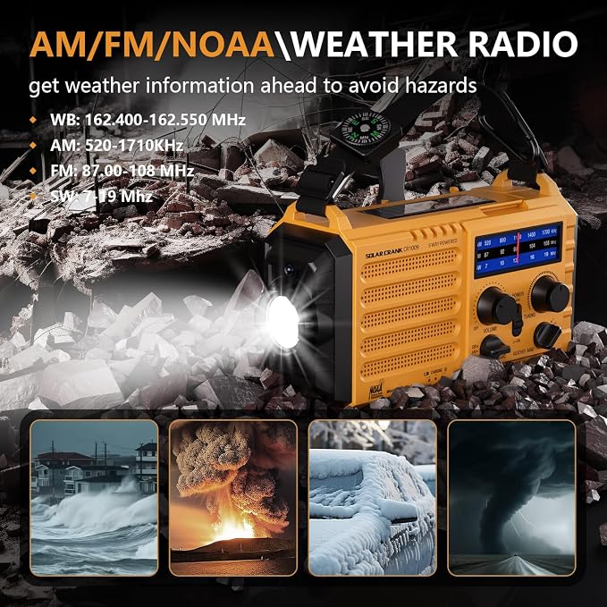 Emergency Weather Radio, 5 Ways Powered Crank Solar Radio, Portable AM/FM/SW/NOAA Weather Radio Battery Operated with Cellphone Charger, Camping Flashlight, Reading Lamp, SOS Alarm for Home Outdoor