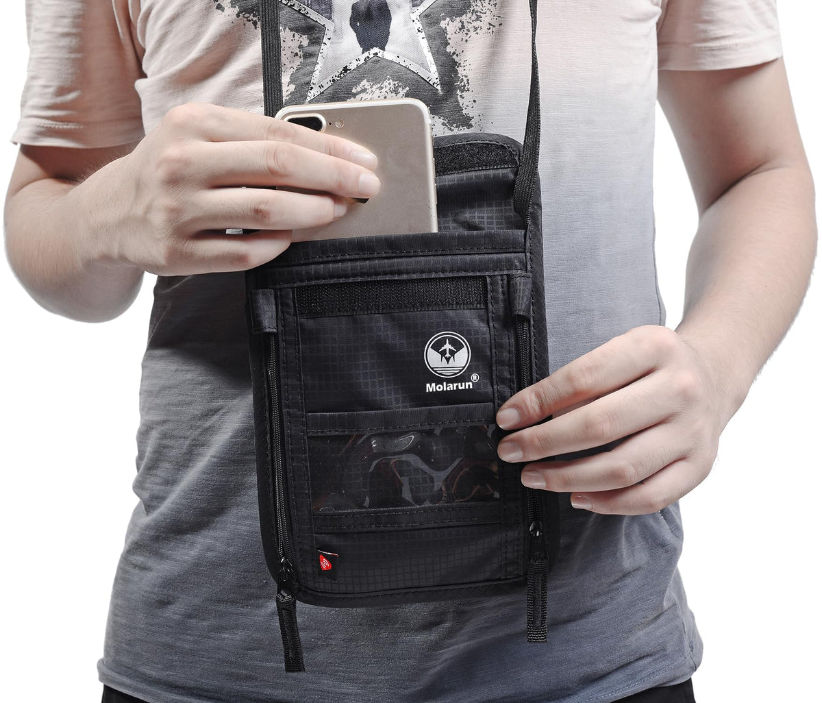 RFID Blocking Stash Neck Wallet, Passport Holder Travel Pouch for Women Men - Black