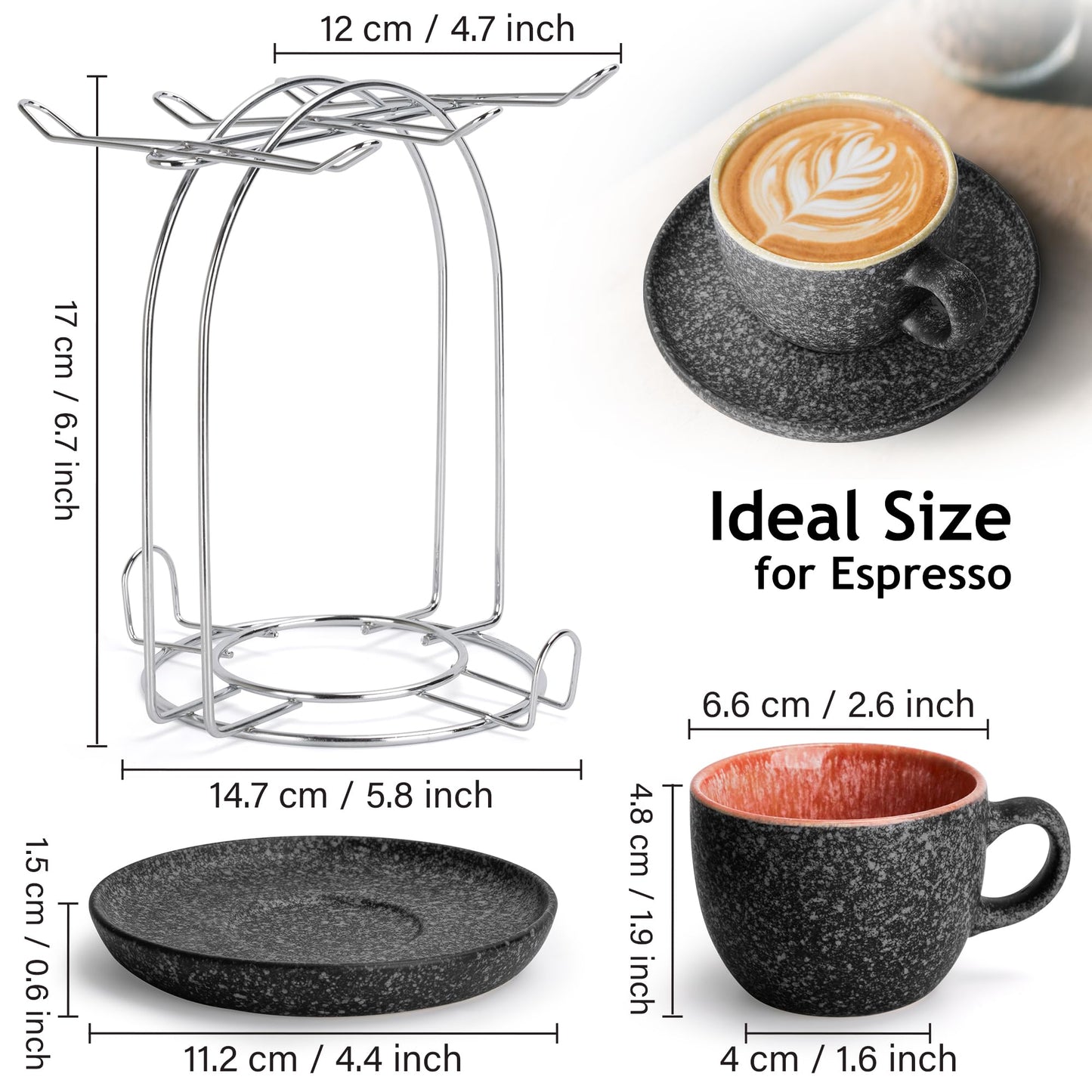 MIAMIO – 2.7 Oz Ceramic Stackable Espresso Cups with Saucers and Metal Stand, Set of 6 Espresso Cup, Demitasse Cups, Coffee Mugs for Espresso, Latte, Café Mocha & Tea – Las Palmitas Collection