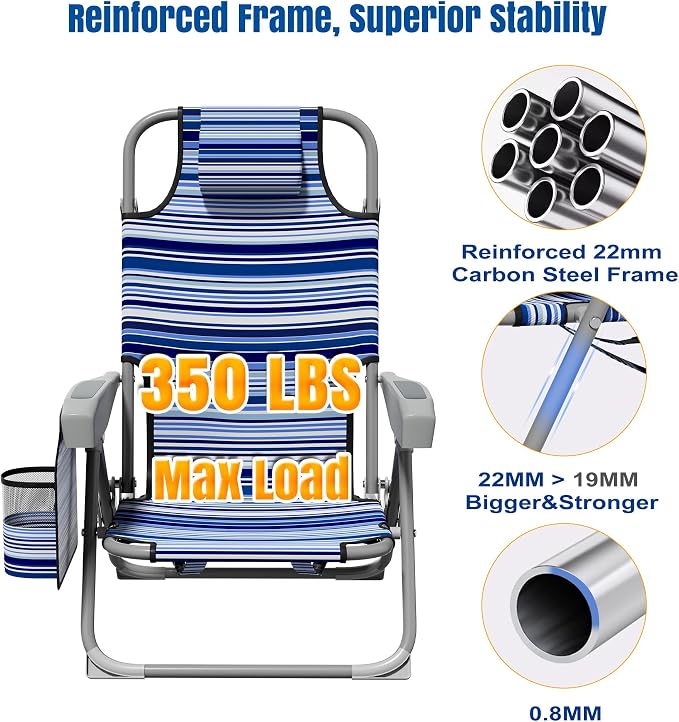 DIAMONDFORGE 2 Pack Lightweight Portable Beach Chair for Adults, 350 LBS Capacity Backpack Beach Chair, Reclining Beach Chair with 5-Position Lay Flat, Large Cup Holder for Beach Camping Sports, Blue