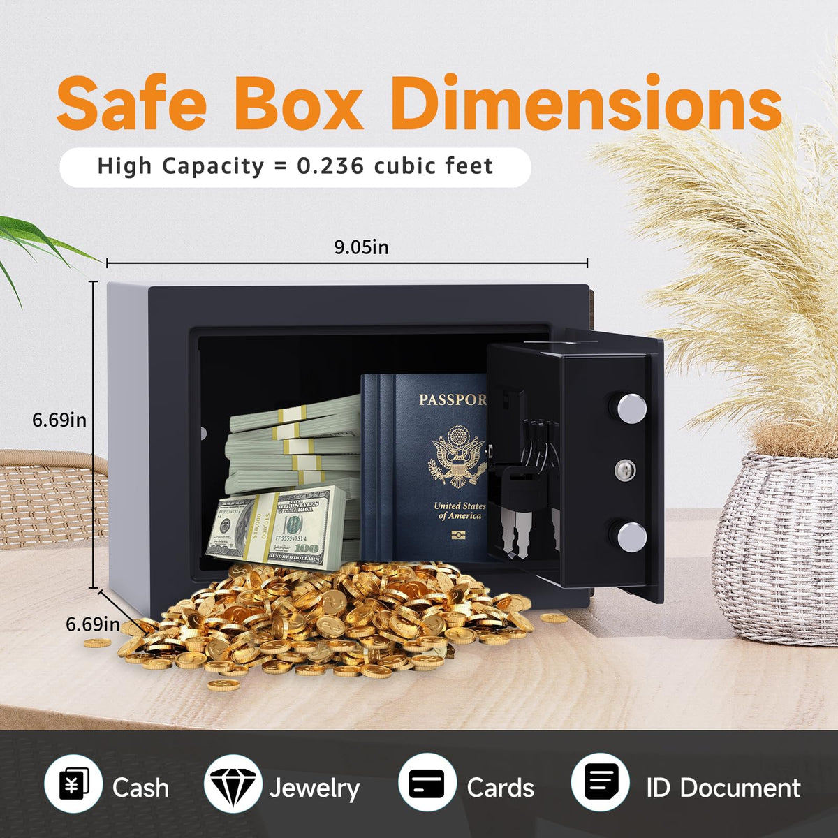 Goldenkey Small Safe with Keys&Code for Money Cash and Coin, Digital Mini Kids Safe Bank for Home, 6.69"D x 9.05"W x 6.69"H, 0.3 Cu.Ft.