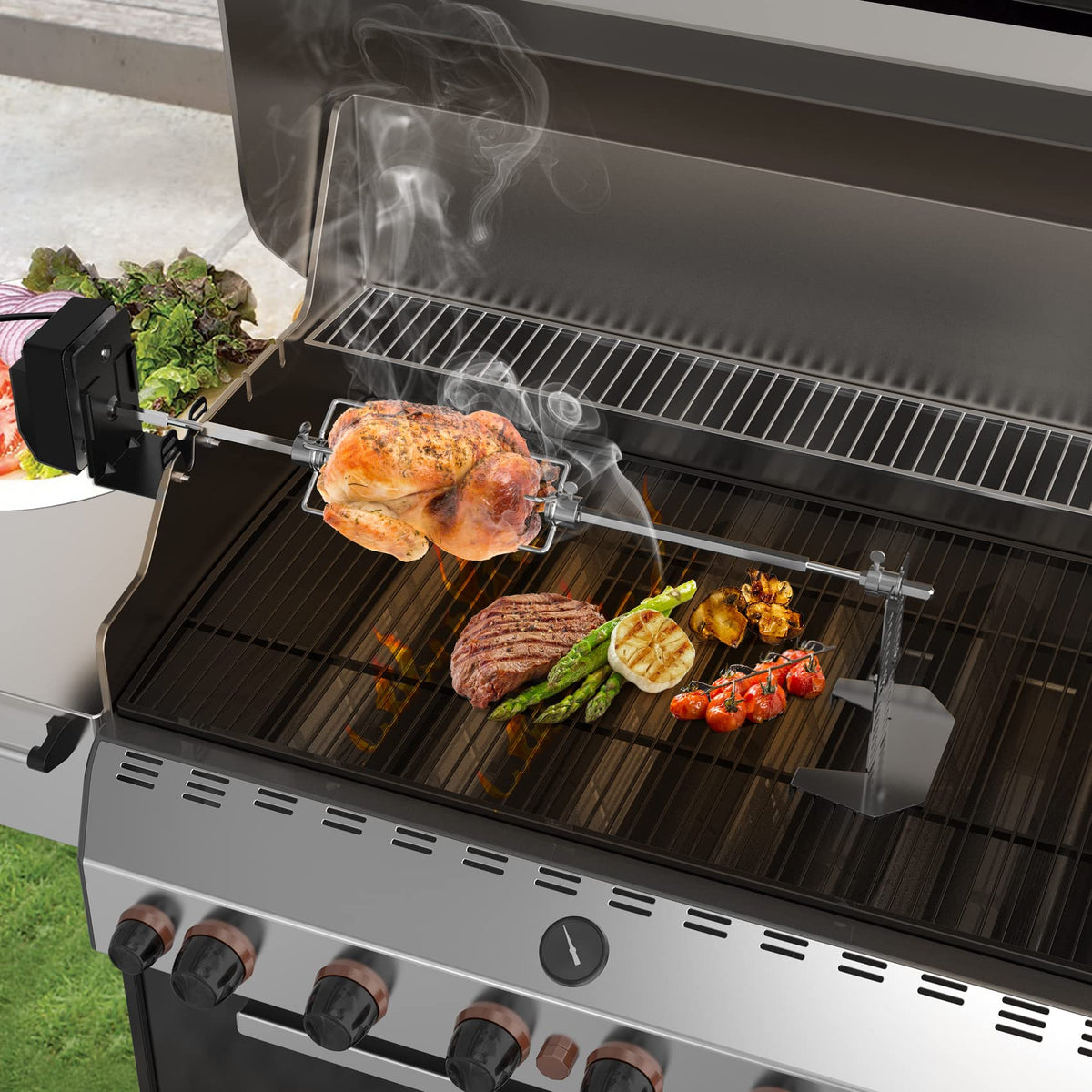 onlyfire Universal BBQ Grill Rotisserie Kit for Most Gas Grills, Include 110V 4W Electric Motor, 4-Prong Meat Forks and 28" Square Spit Rod