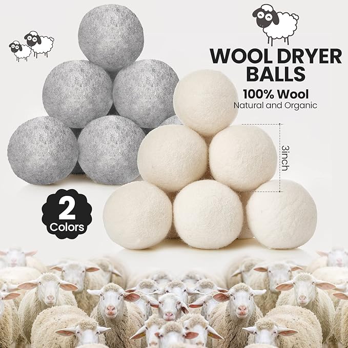 Roowest 32 Pieces Wool Dryer Balls Set 30 Reusable Wool Balls with 2 Muslin Bags Wool Laundry Balls Fabric Softener Ball Anti Wrinkle Anti Static Saving Energy and Time