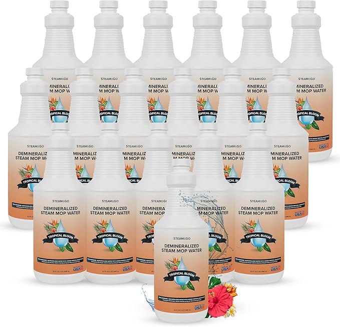 Steam & Go Demineralized Water for Steam Cleaner - PVC-Free Floor Cleaning Solution Compatible for All Steam Mops - Multi-Surface Cleaner for Home Surfaces - Tropical Bloom Scent, 32 oz (Pack of 18)