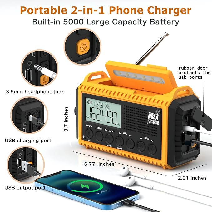 Eoxsmile NOAA Emergency Weather Radio - 5000mAh Solar/Hand Crank/Battery AM/FM/SW with USB Charger, LED Flashlight & SOS Alert, Clock, Portable Survival Radio for Power Outage, Hurricanes, Camping