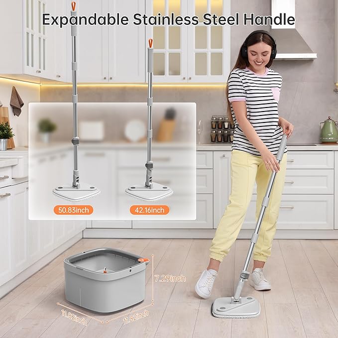 Spin Mop and Bucket Set with Self - Separation System, 360 - Degree Spinning Self - Wringing, Square Cleaning Mop and Bucket with Wringer, with Replaceable Mops (Light Grey - 2 Pads)