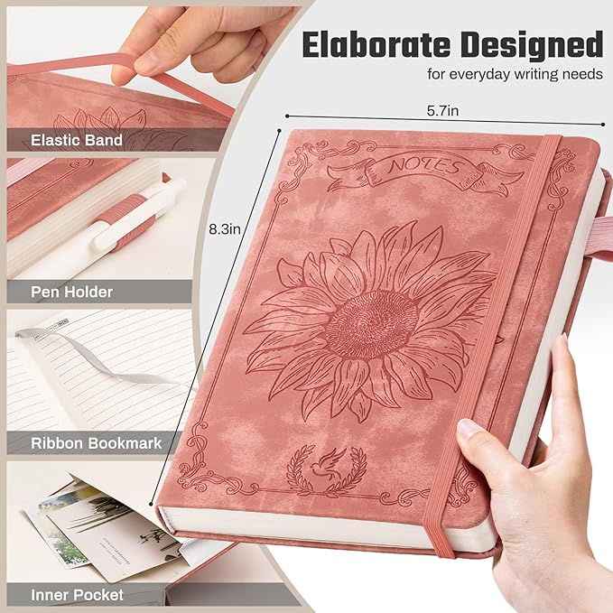Sunflower Journal for Girls Women Journals for Writing 100GSM College Ruled A5 Leather Notebook for Girls Ages 8-12 Flower Diary with Heart-shaped Shadow, 5.7" x 8.3", Pink