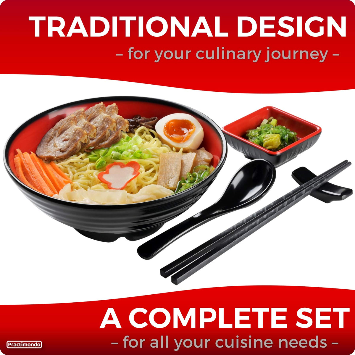 Practimondo 4 Noodle Bowls Set - large 32oz Ramen Bowl Set for authentic Asian Cuisine - with Dipping Bowls, Spoons, Chopsticks & Chopstick Stands. Enjoy Thai Miso Udon Wonton (4 Bowl Set, Red-Black)