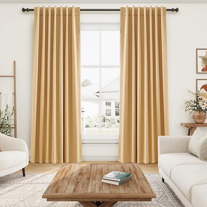 Full Black Out Camel Window Curtains Panels 102 Inches Long 2 Panels Set for Living Room Cotton Textured Long Blackout Curtain with Backing Thermal Insulated Drapes for Nursery Bedroom 52x102