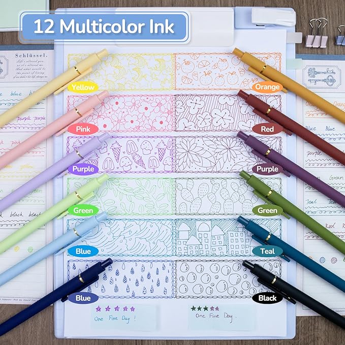 12 Pcs Color Pens for Journaling 0.5mm Fine Point Colored Gel Ink Pen, Smooth Writing Colorful Pens for Note Taking, Gift Set for Women & Men (12 Pcs Vintage & Vibrant Gold)