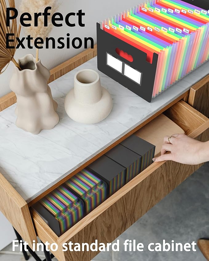 Expanding File Folder, 24 Pocket Accordion A4 Letter Size Portable Document Organizer with Colored Tabs, Expandable Bill Coupon Folder - Black