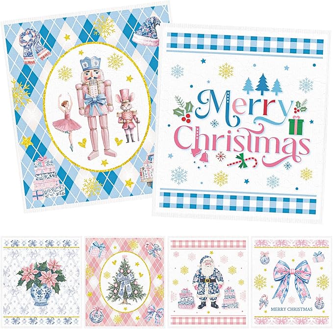 Christmas Swedish Dishcloths for Kitchen - 6PCS Nutcracker Swedish Cloths for Washing Dishes, Santa Bow Reusable Dish Towels Gifts, Merry Christmas Washable Cleaning Sponge Fast Drying