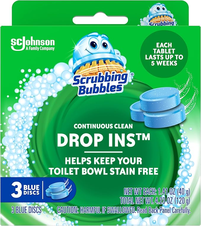 Scrubbing Bubbles Continuous Clean Toilet Drop-Ins, Automatic Blue Toilet Bowl Cleaner, Septic-Safe Tank Tablets Remove Hard Water Minerals & Limescale, Stain & Smell Protection, 3 Count (Pack of 1)