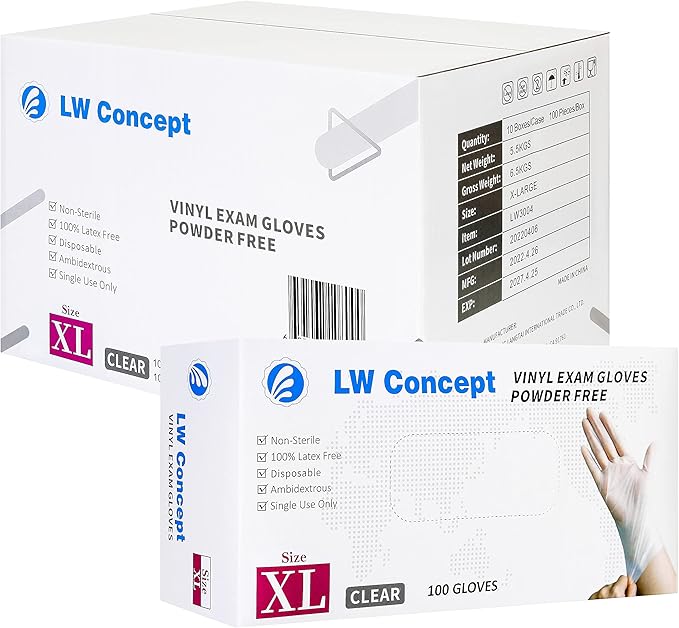 LW Concept Clear Vinyl Exam Gloves for Medical/Food Safe/Cleaning/Handling Use Multipurpose Latex & Powder Free, 3.5 mil (LW3004, X-Large, Case of 1000)