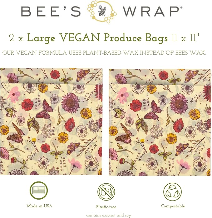 Bee's Wrap Vegan Beeswax Wraps for Food - 2 Meadow Magic Produce Bags - Made in USA Reusable & Organic Food Wraps & Reusable Produce Bags - Eco-Friendly Alternative to Aluminum Foil & Plastic Wrap