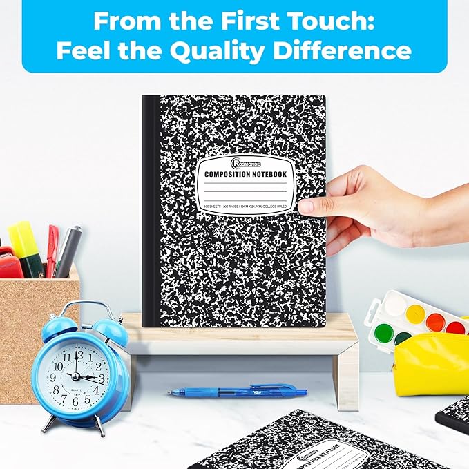 12 Pack Composition Notebook College Ruled Bulk, 200 Pages (100 Sheets), 9-3/4 x 7-1/2, Hard Cover College Ruled Notebook Bulk, Black Marble Composition Notebook College Ruled, Bulk Notebooks