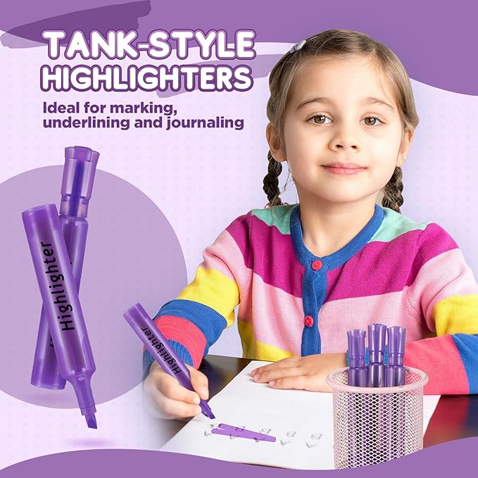 Qilery 72 Pack Highlighters Bulk, Tank Style Chisel Tip Highlighters Markers Quick Drying for Kids and Adult Coloring, Classroom Home Office School Supplies (Purple)
