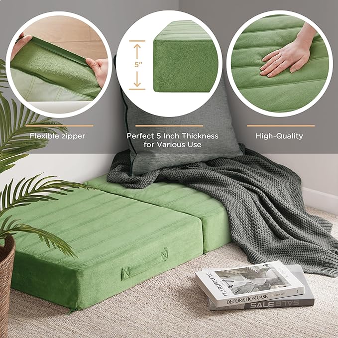 Codi Floor Cushions for Adults, Large Meditation Pillows with Thick Foam and Soft Tufted Covers, Washable Square Seating for Couch and Yoga Sitting, 22×22×5 inch Green