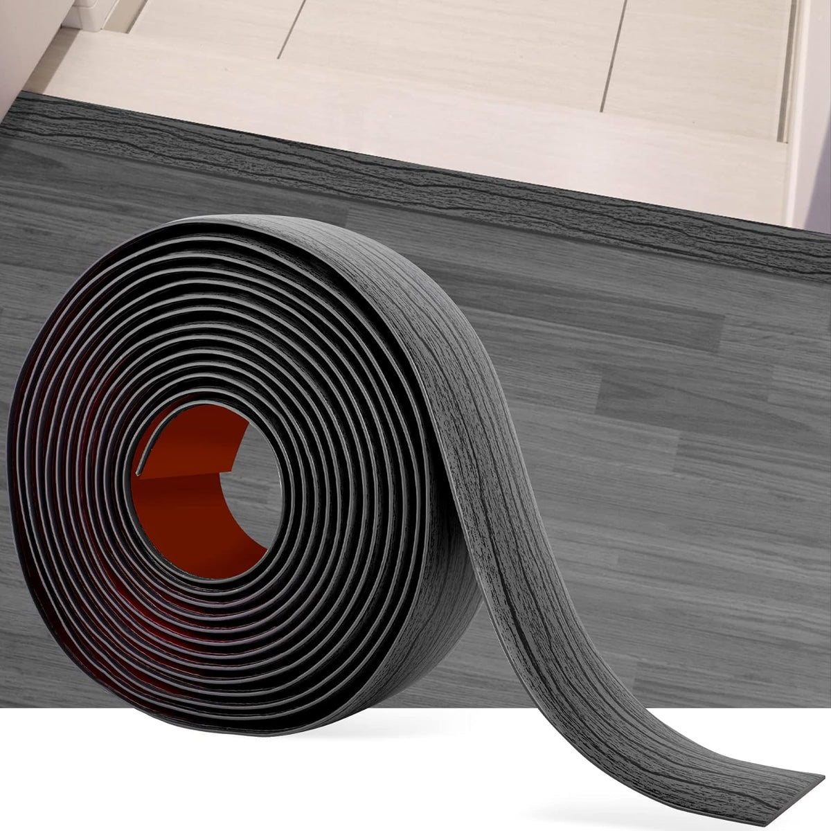16.4Ft Floor Transition Strip Self Adhesive Vinyl Cover Floor Strip Flat Divider Transition Strip Wood Grain Design for Laminate Floor Gaps and Doorway Transitions (16.4Ft x 2 Inch, Gary)