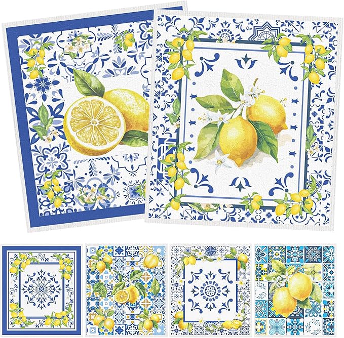 Blue Tiles Lemons Swedish Dishcloths, 6 Pack Reusable Swedish Dish Cloths for Kitchen, Washable Absorbent Dish Towel Rag Set Cellulose Sponge Cloths Housewarming Gifts