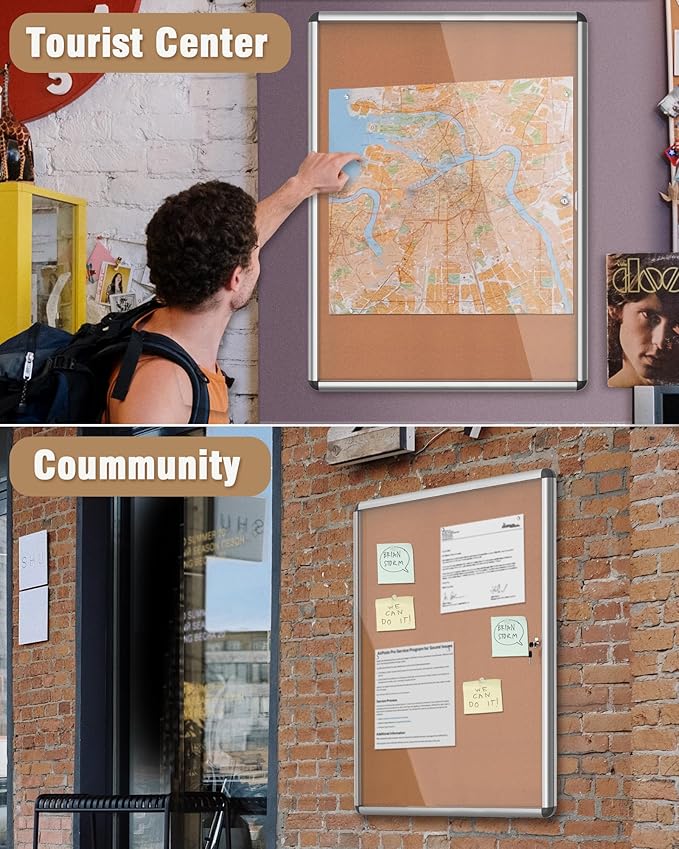 38"x28" Enclosed Bulletin Board, Lockable Weather-Resistant Aluminum Cork Noticeboard for School & Office, Silver Frame w/Cork