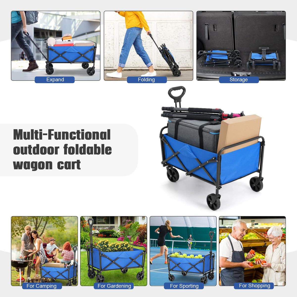 EVLIQUIL Collapsible Foldable Wagon,Wagons Carts Foldable with Wheels,Utility Grocery Folding Beach Wagon for Sand Garden Sports Shopping Outdoor(Lake Blue).