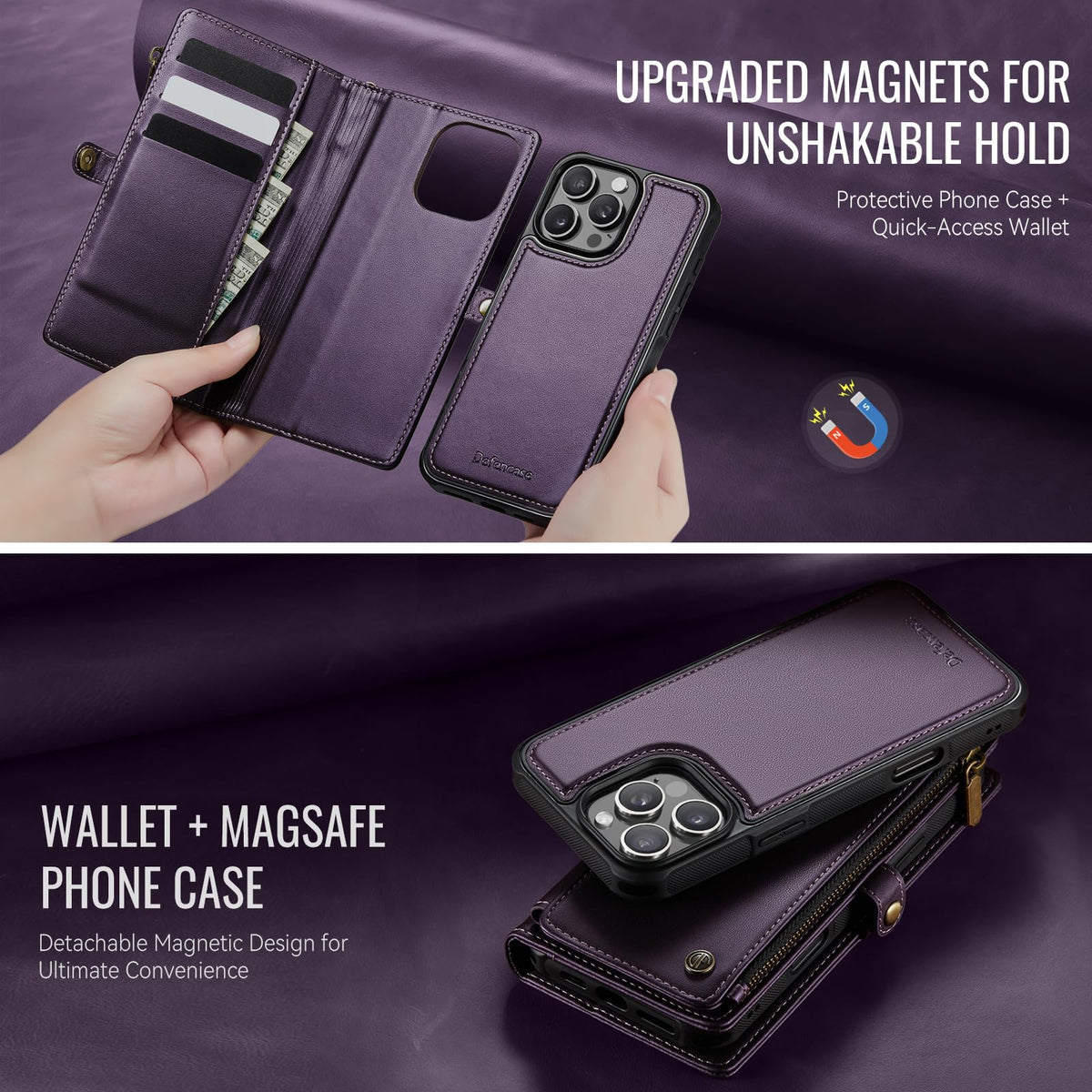 Defencase for iPhone 16 Pro Max Magnetic Wallet Case Compatible with Magsafe with RFID Blocking Zipper Strap Card Holder for Women Men PU Leather Detachable Case for iPhone 16 Pro Max (6.9"), Purple