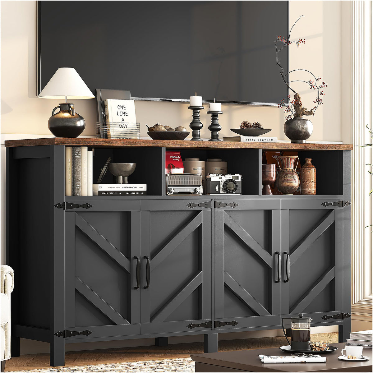 knoworld Buffet Sideboard with Storage Farmhouse with 4 Doors, 55'' Large Kitchen Storage Cabinet Wood Coffee Bar Cabinet Buffet Table with Shelves for Kitchen, Dining Room, Entryway (Black, 55 in)
