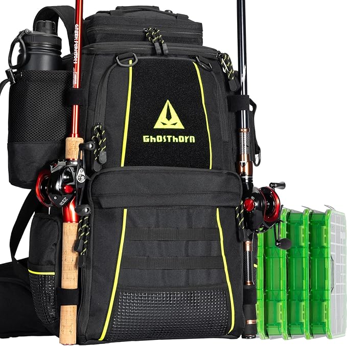 Ghosthorn Fishing Tackle Backpack with 4 3600 Tackle Boxes Rod Holder Outdoor 43L Large Bag with Detachable Wasit Bag Storage Fishing Gear and Equipment Waterproof