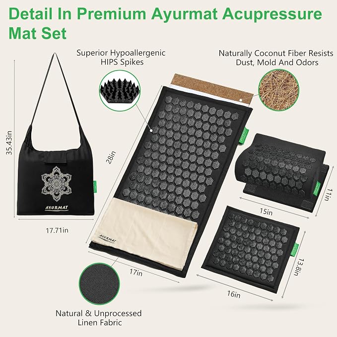 Acupressure Mat and Pillow Set - Full Body Pro Kit for Stress Relief, Muscle Relaxation & Pain Relief - Natural Eco-Friendly Linen & Coconut Fiber Mat - Includes Carrying Bag (Black)