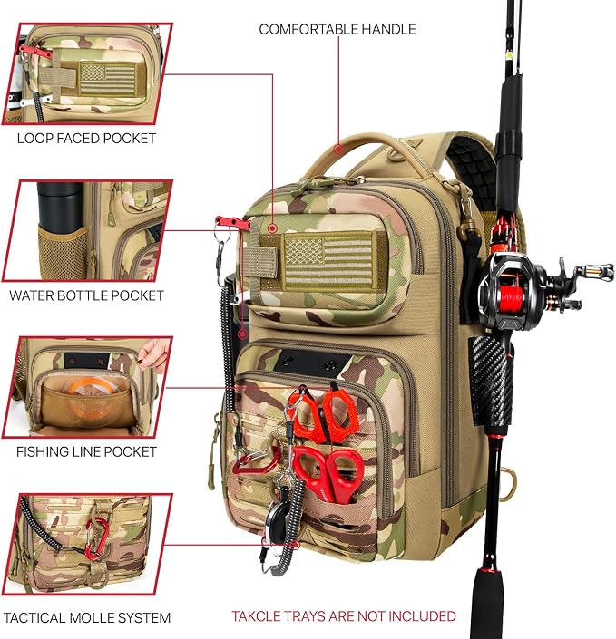Fishing Sling Bag, Fishing Bag With Rod Holder Fixed Stickers, MOLLE System, Soft Bait & Gear Storage, Gift for Men, Khaki
