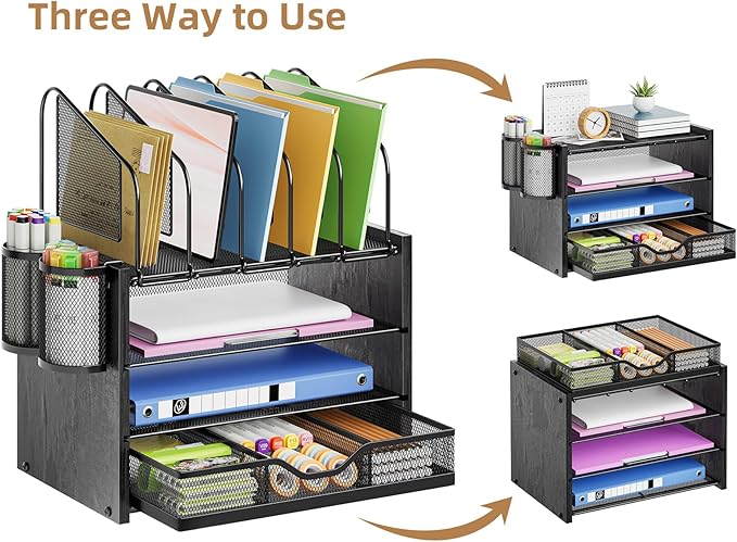 Marbrasse Desk organizer with Drawer, 4-Tier Wooden File Organizer with 5 Vertical File Holders and 2 Pen Holders, Desk Organizers and Accessories for Home Office - Black