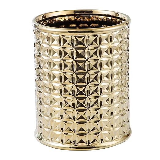 Gold Ceramic Trash Can - Round Waste Bin for Bathroom Vanity & Kitchen Desk, Durable Small Garbage Can with Lid, Modern Home Office Decor, Space-Saving Design