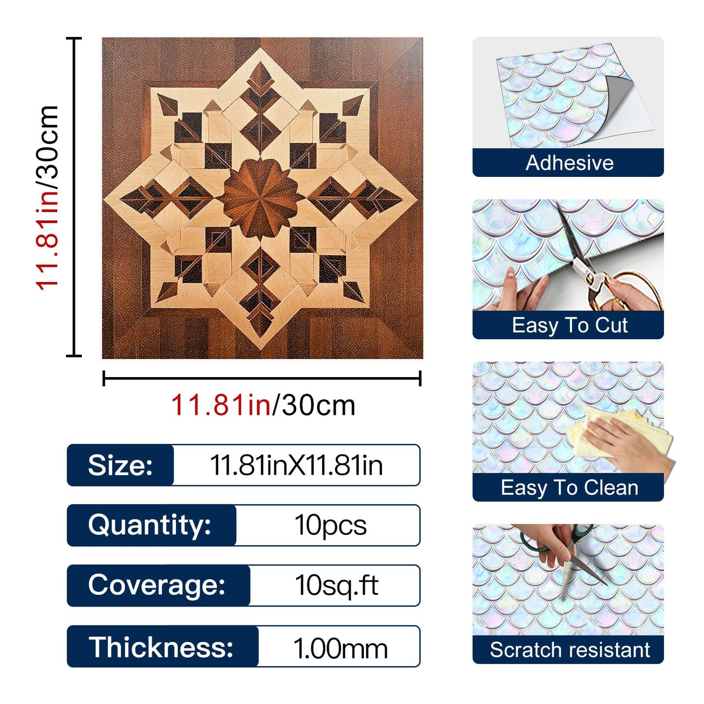 IVN 10 Piece Peel and Stick Floor Tile 12 X 12 Inch PVC Vinyl Flooring Removable No Sticky Residue Decal for Bathroom Kitchen Fireplace Stairs Brown Wood Geometric Pattern