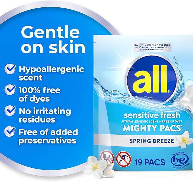 all sensitive fresh, Spring Breeze, MIGHTY PACS Scented Laundry Detergent for Sensitive Skin, Hypoallergenic, 19 Count (Pack of 6)
