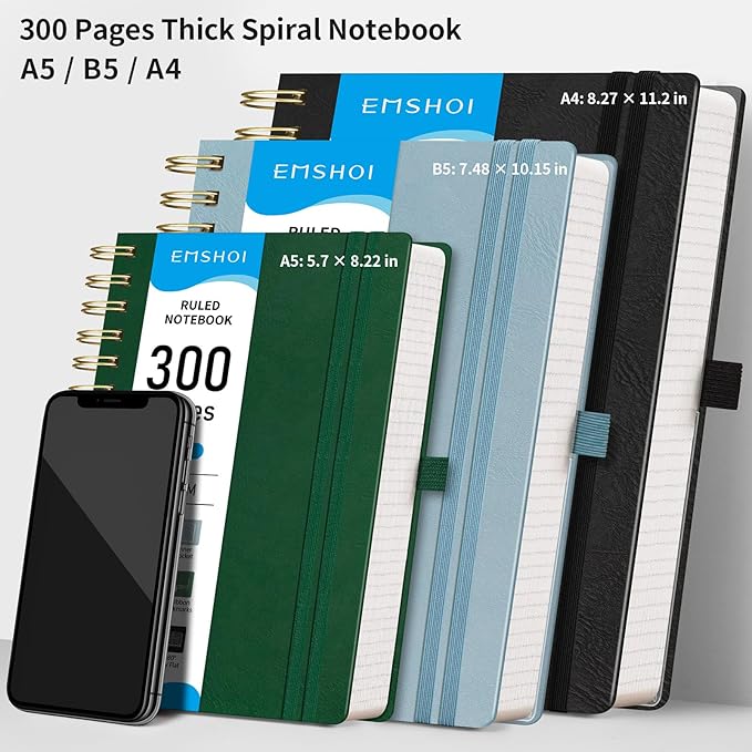EMSHOI A4 Leather Hardcover Spiral Notebook College Ruled, 300 Numbered Pages, 100 GSM Thick Paper - Premium Lined Journal for Writing, Note-Taking, Work & Journaling; 8.27"x11.2", Dark Green
