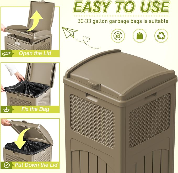 Greesum 33 Gallon Outdoor Trash Can with Lid (2-Pack), Heavy Duty Resin Garbage Bin, Waterproof & UV Resistant for Patio, Garden, Deck, Yard, Light Coffee