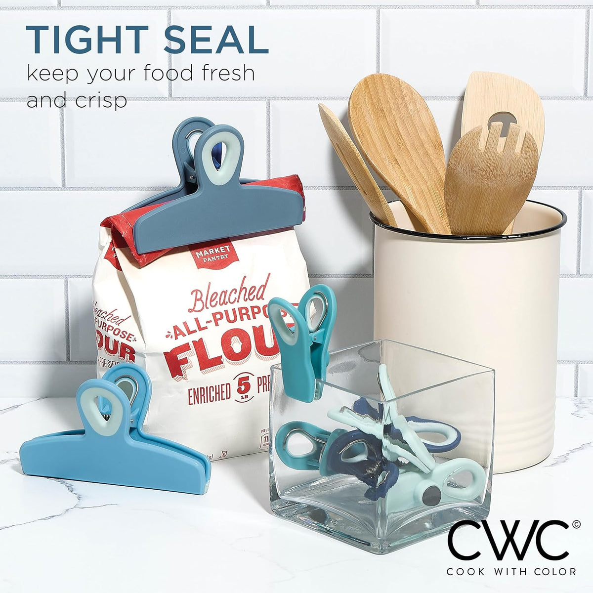 COOK WITH COLOR Bag Clips - Heavy Duty Chip Clip and Refrigerator Magnet Clips for Food Storage with Air Tight Seal Grip, Light Blue, Pack of 8