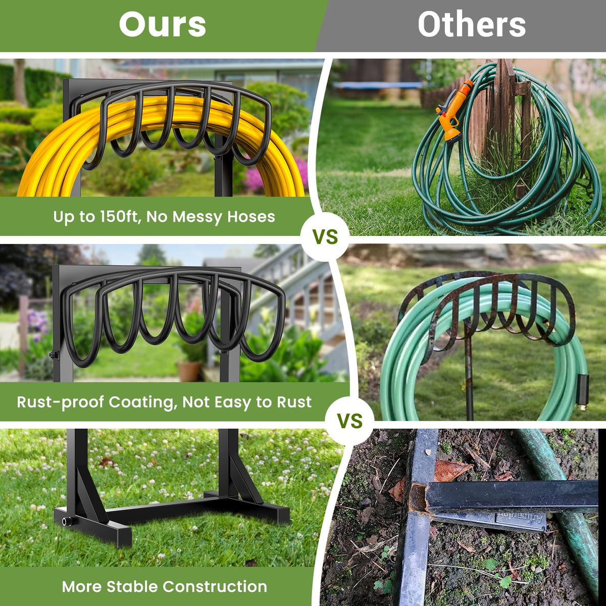 Pattiumo Garden Hose Holder with 4 Spikes, Water Hose Holders for Outside, 150ft Garden Hose Storage Heavy Duty Hose Hanger Metal Hose Stand Detachable Hose Reel Rack Organizer