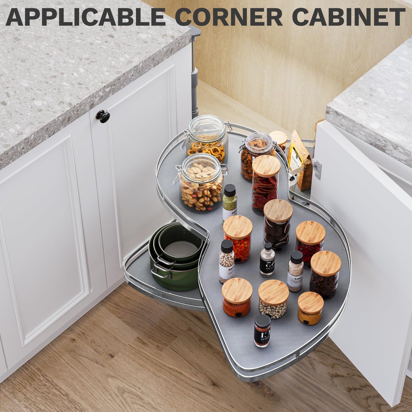 DWVO Corner Cabinet Organizer, 2-Tier Blind Corner Pull Out with 270° Rotating Shelf, Right Swing Tray, Heavy-Duty Iron, Easy-Install Template, 32.7"x17.3"x21.3", Gray