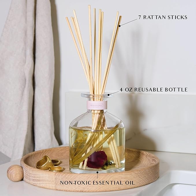 Benevolence LA Reed Diffuser, Rose & Sandalwood Scent Diffusers for Home with Oil Diffuser Sticks | Sun-Kissed Collection
