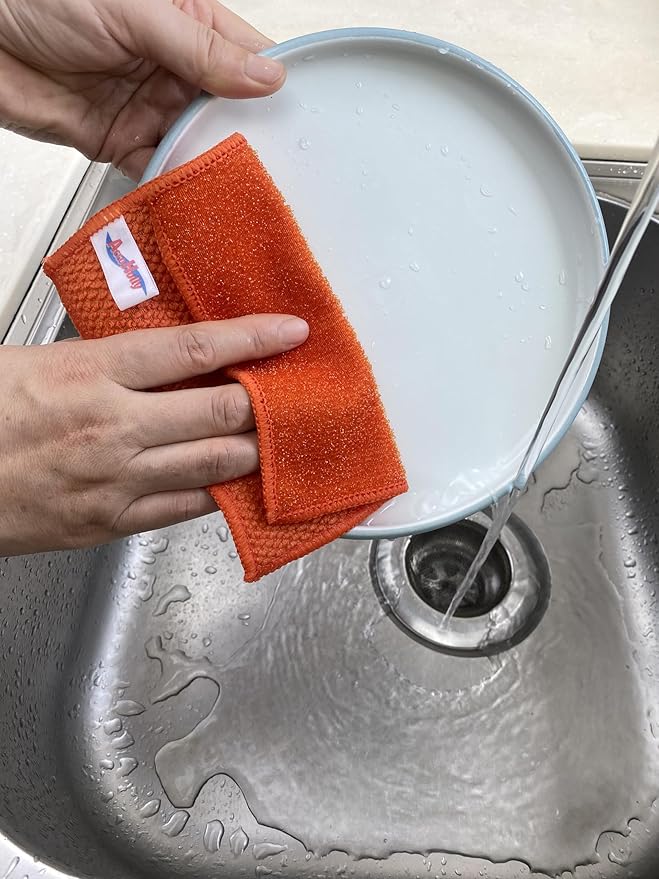 16 Pack Microfiber Scrub Dish Cleaning Cloth, Non-Scratch, Reusable & Durable for Pan Pot Dish Cooktop Stovetop Counter Kitchen Household, Machine Washable, 6 x 6 Inch, Orange & Green Assorted