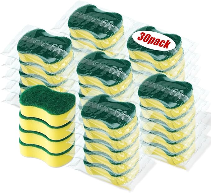 Tanlade 30 Pcs Individually Wrapped Sponges Kitchen Bulk Non Scratch Scouring Sponges for Dishes Household Cleaning Travel Apartments Hotel Car