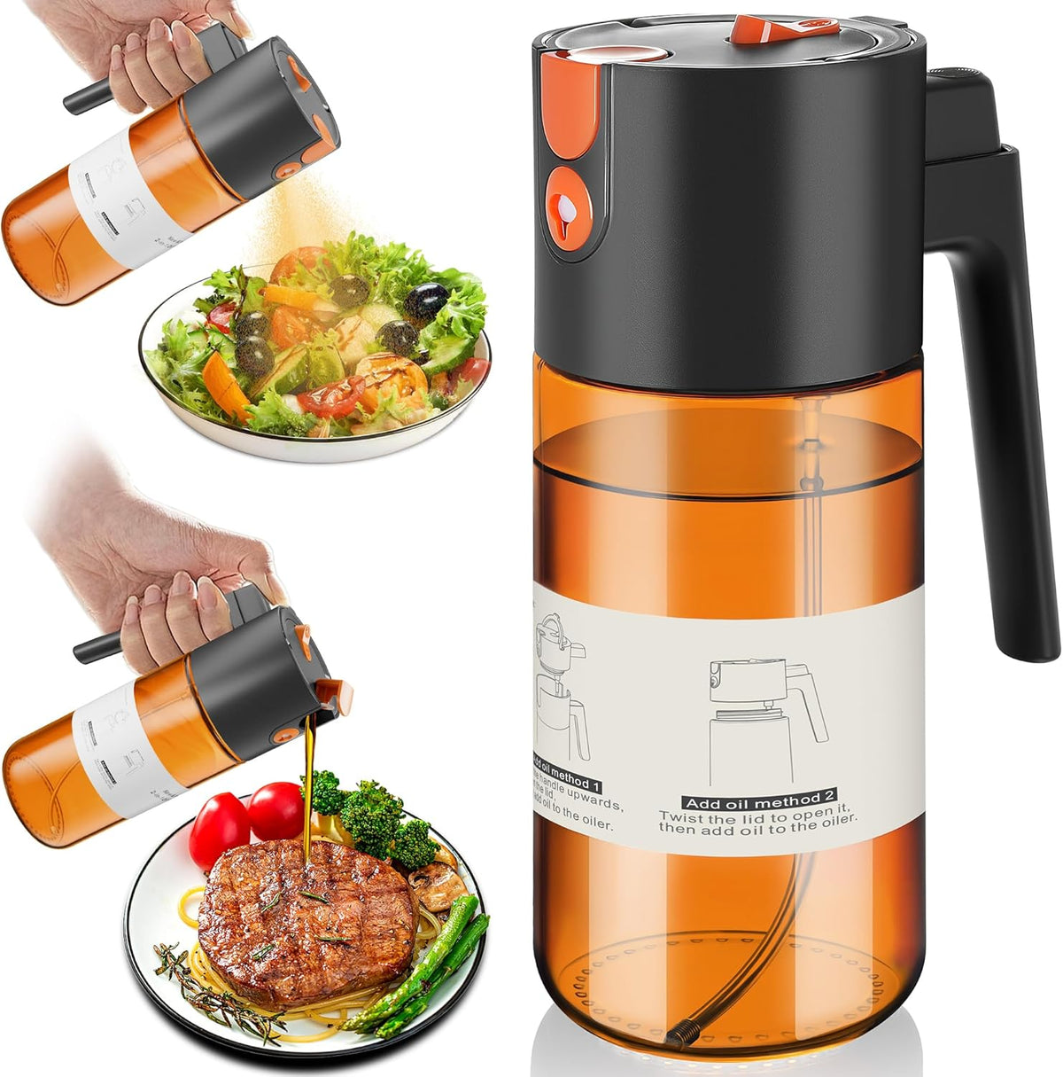 Upgrade 2 in 1 Oil Sprayer for Cooking, 17oz Light-Blocking Glass Olive Oil Dispenser Bottle for Kitchen,Food-Grade Oil Mister with 8 Stickers for Salad, Frying (Brown Bottle-Black Cap)