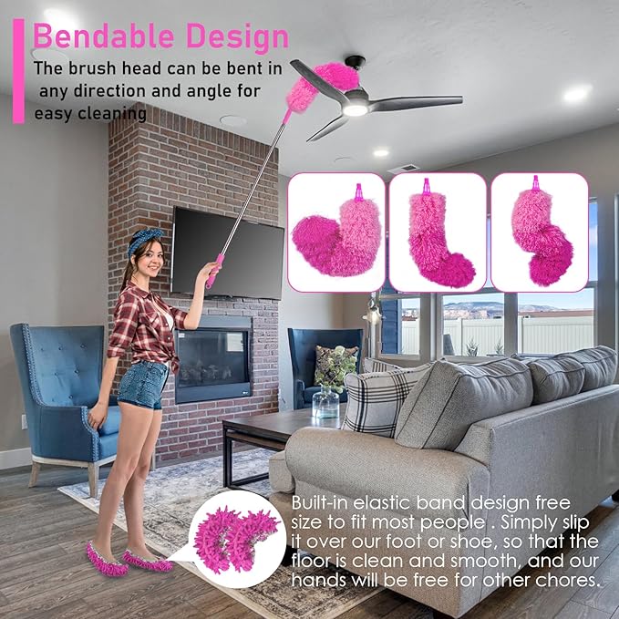 ThinkLearn Microfiber Dusters for Cleaning,14PCS Feather Dusters with Extension Pole,Bendable Washable and Extendable Duster for High Ceilings, Fans and Blinds House Cleaning Kit Pink Gift for Women
