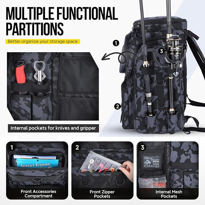 Fishing Backpack with Rod Holder, Waterproof Fishing Bag for Fishing Gear, 42L Large Capacity Tackle Box Backpack (Black Camo)