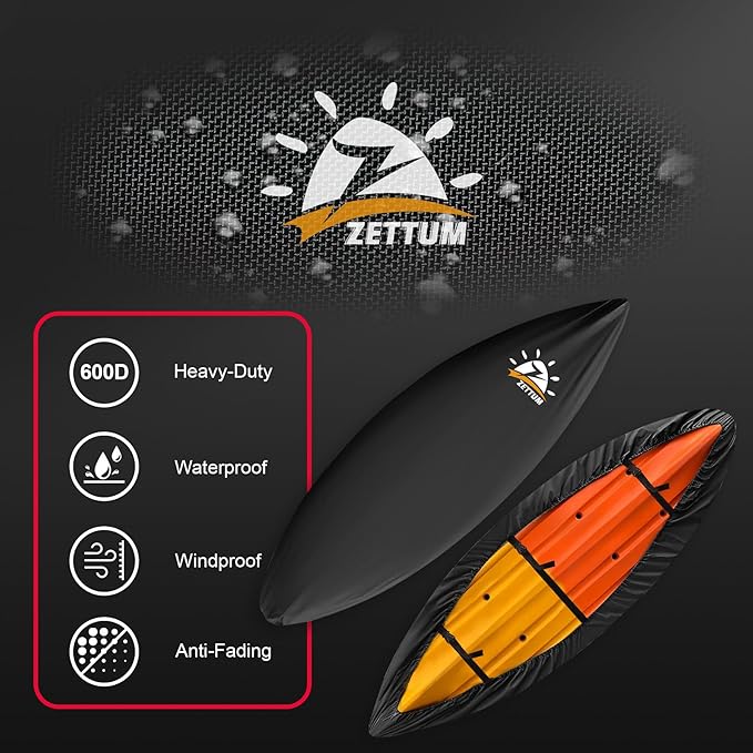 Zettum Kayak Cover 12 FT - 600D Canoe Cover for Outdoor Storage, Heavy Duty & Waterproof, Fade-Resistant Kayak Accessory for Canoe, Paddle Board, SUP, Boat, and Kayaks