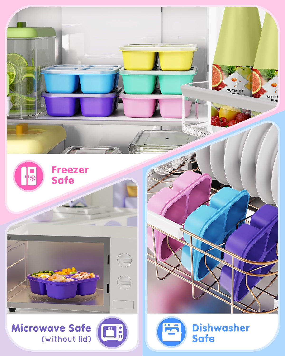 5 Pcs Bento Snack Containers, Reusable 4 Compartment Divided Food Storage Containers, Divided Lunchable Container for School, Work and Travel (Transparent Lids)