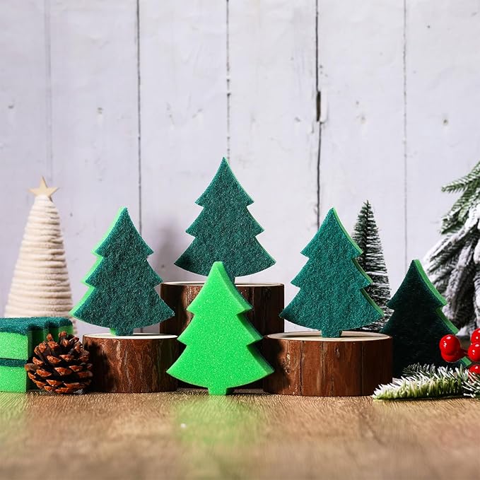 Tioncy 12 Pack Christmas Tree Kitchen Sponges Bulk Dual Sided Scrubber Sponges Dishwashing Non Scratch for Kitchen Accessories Dish Scouring, Green