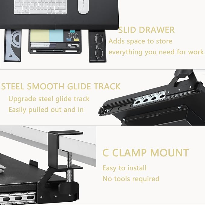 ETHU Keyboard Tray Under Desk, Ergonomic Corner Keyboard Tray with 180° Adjustable C Clamp for L Shape Desk 26.77" X 12.2" Easy to Install, Computer Keyboard Stand for Home and Office(Black)